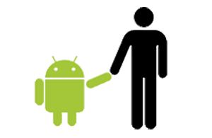imagem de uma pessoa em estilo cartonesco e minimalista segurando a mão do bugdroid